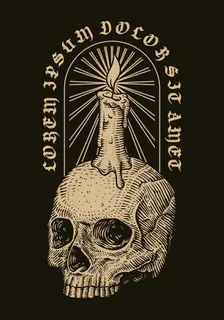 骷髅头和蜡烛。矢量手绘雕刻插图