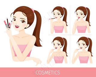 有步骤涂唇膏、化妆品和唇彩设备的女性