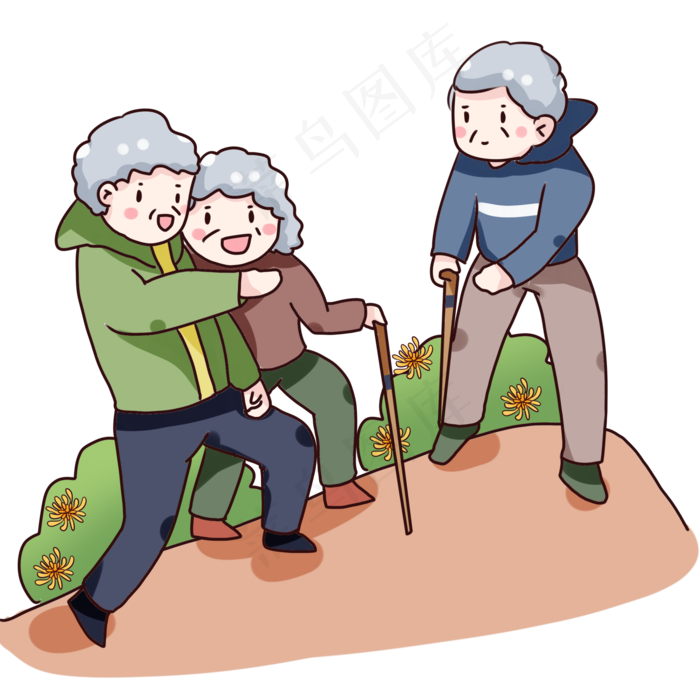 手绘卡通重阳节老人登山