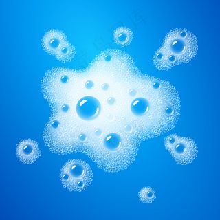 肥皂泡沫覆盖在蓝色水彩的背景上