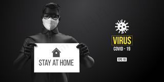 新型冠状病毒。黑衣人戴着黑色背景上的白色面具。呆在家里。在家工作。医用口罩和病毒防护。