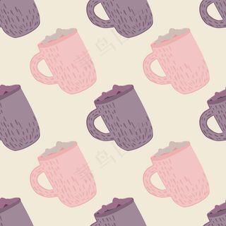 柔和色调冬季无缝图案与假日饮料打印。紫色和粉色热巧克力杯艺术品。非常适合织物设计，纺织印花，包装，封面。矢量图解