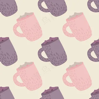 柔和色调冬季无缝图案与假日饮料打印。紫色和粉色热巧克力杯艺术品。非常适合织物设计，纺织印花，包装，封面。矢量图解