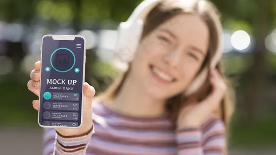 戴着耳机拿着手机玩音乐应用程序的女人