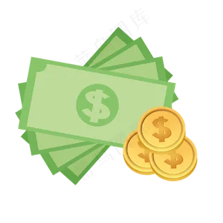 手绘绿色纸币和金币