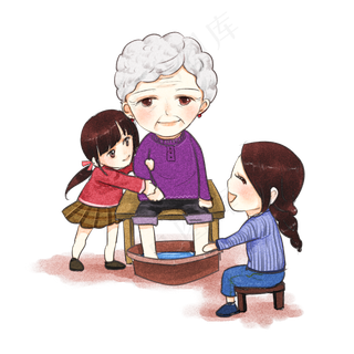 手绘卡通可爱重阳节给老人洗脚