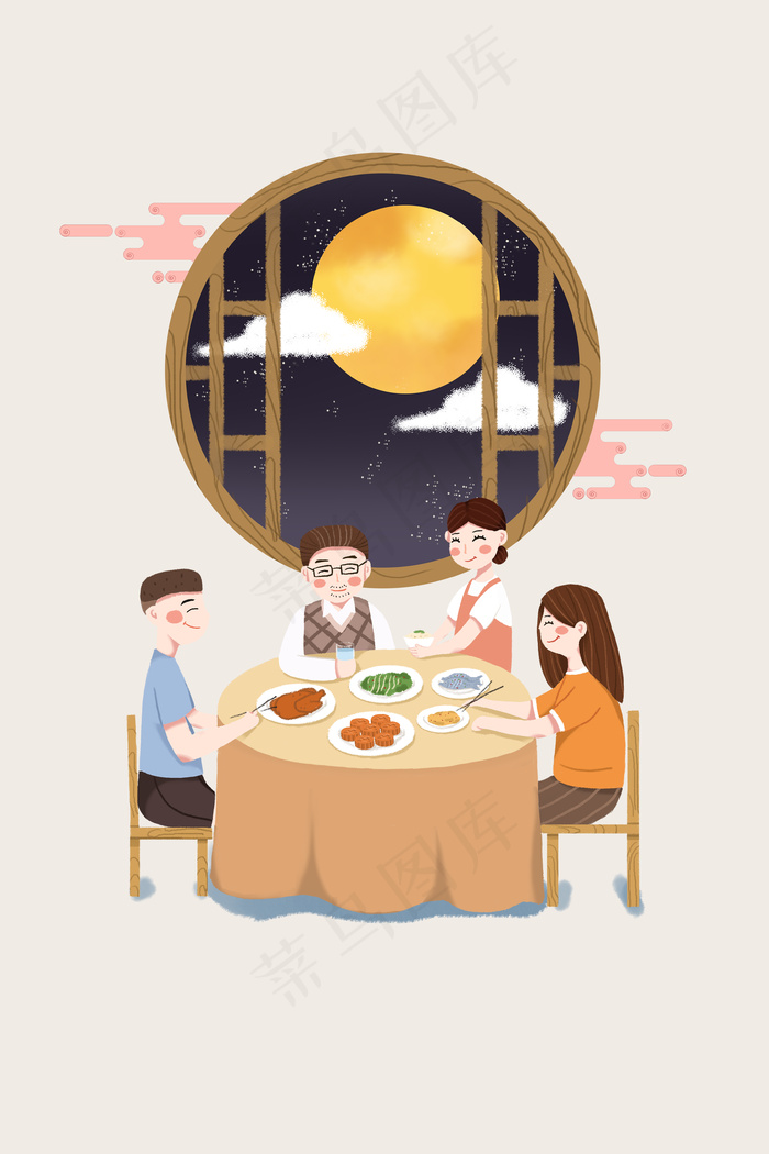 卡通手绘中秋团圆节