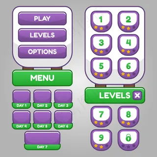 rpg和冒险游戏的一套游戏菜单选择，包括菜单、关卡选择和选项。