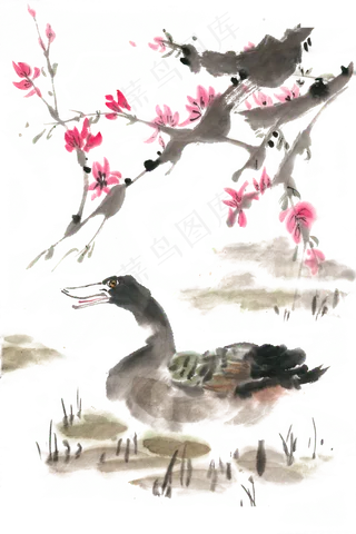 春暖鸭先知水墨画PNG免抠素材