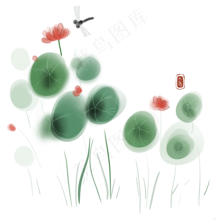 大暑水墨荷花和蜻蜓(2000X2000(DPI:300))psd模版下载