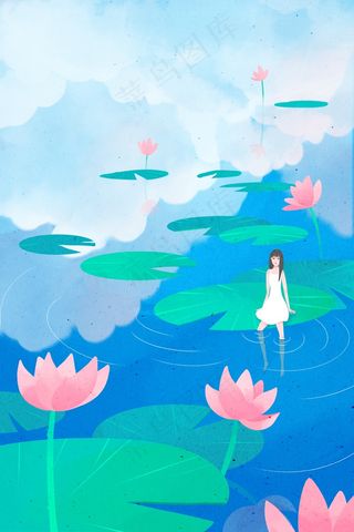 夏日莲池美少女和蓝天