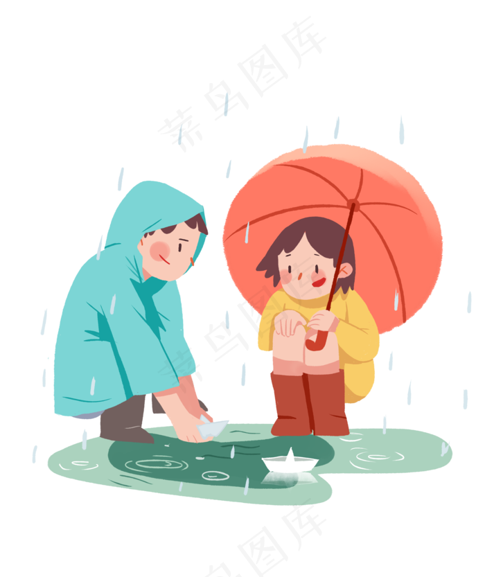 雨中小男孩小女孩蹲在地上玩水插,免抠元素(2100X2500(DPI:300))psd模版下载