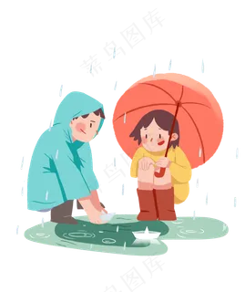 雨中小男孩小女孩蹲在地上玩水插,免抠元素 雨中小男孩小女孩蹲在地上玩水插,免抠元素