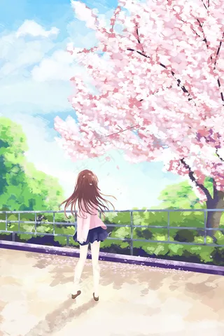 女孩春天樱花季游玩