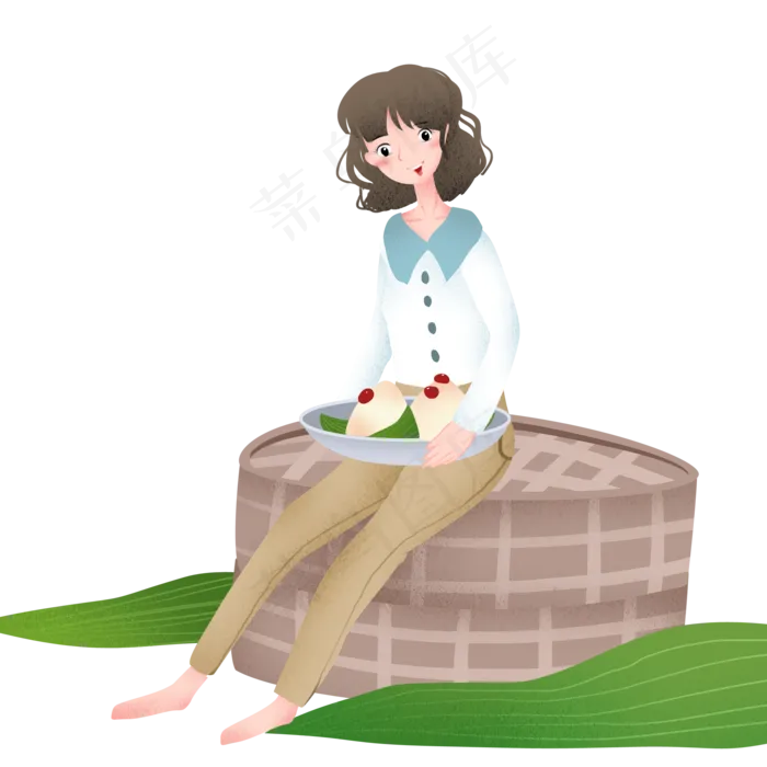 坐着吃粽子女孩