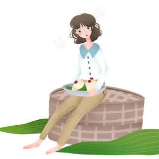 坐着吃粽子女孩