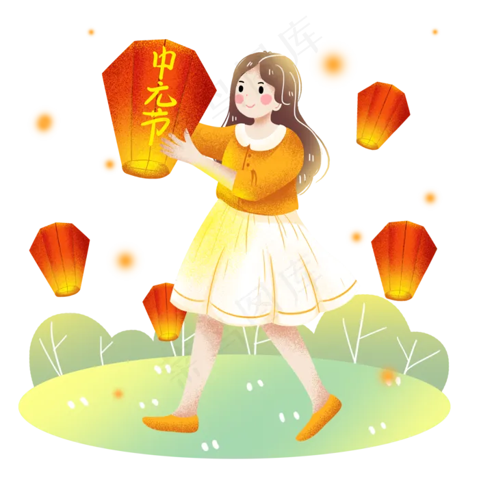 中元节女孩放孔明灯祈愿素材,免抠元素