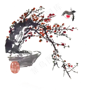 红梅盆景春节雀鸟喜庆开春PNG,免抠元素