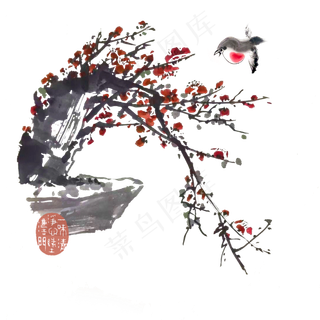 红梅盆景春节雀鸟喜庆开春PNG,免抠元素