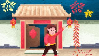 新春佳节家门口放鞭炮的小男孩