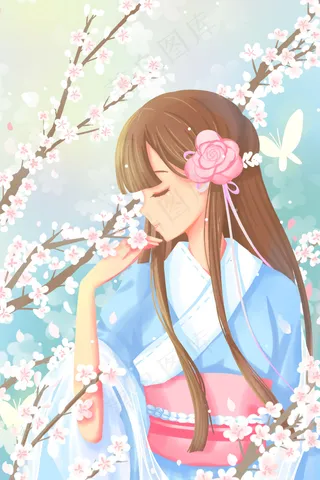 唯美卡通治愈春季3月樱花少女