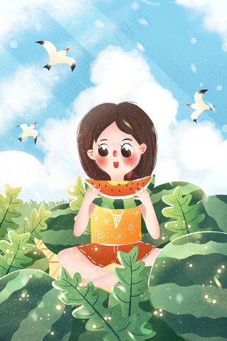小清新立夏节气女孩吃西瓜