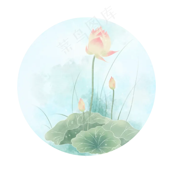 夏日水彩荷花荷叶池塘(2000X2000(DPI:300))psd模版下载