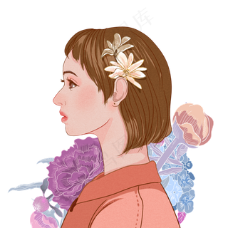 短发少女侧脸手绘