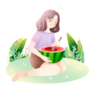 大暑吃西瓜的女孩花草素材