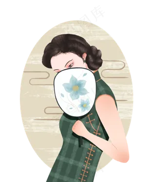 复古民国旗袍美女扇,免抠元素