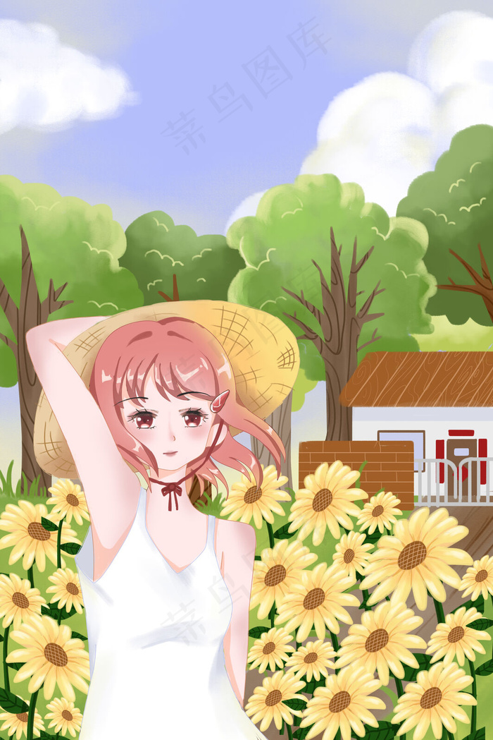 夏天暑假游玩晴朗少女出游向日葵花(3545*5315px 300 dpi )psd模版下载