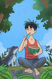 童年夏天吃西瓜的小男孩