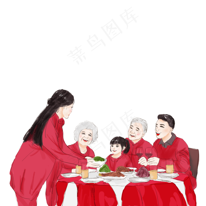 手绘卡通多人团圆饭,免抠元素(1772*1772px 300 dpi )psd模版下载