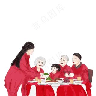手绘卡通多人团圆饭,免抠元素