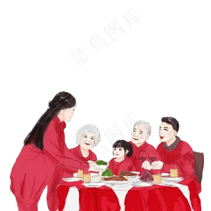 手绘卡通多人团圆饭,免抠元素