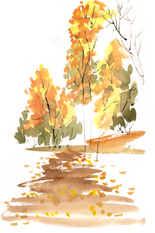 秋天的树水彩画PNG免抠素材