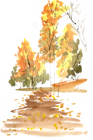 秋天的树水彩画PNG免抠素材
