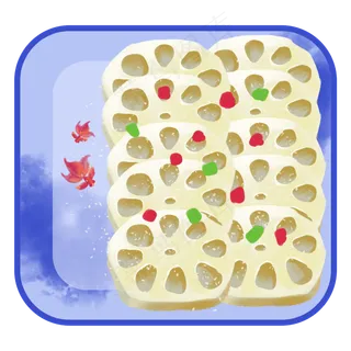 手绘熟食荷花果实之金鱼蓝方盘装