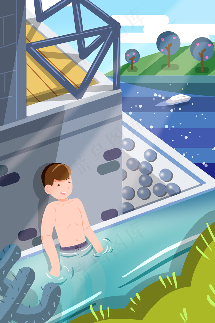 24节气立夏夏天夏季男孩游泳卡通插画