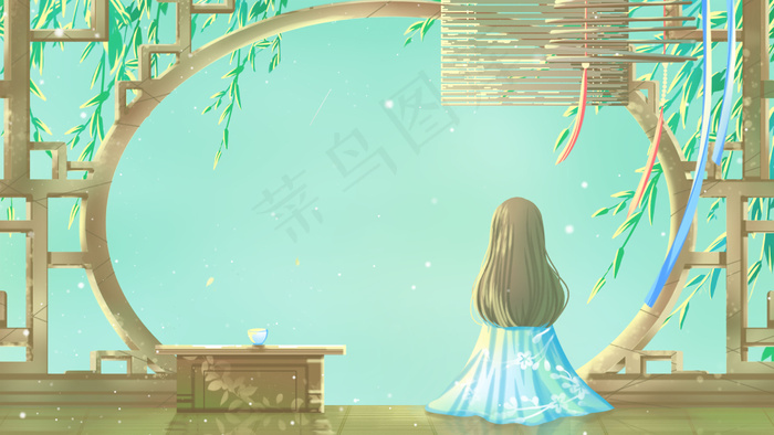 绿色唯美卡通治愈古风夏季夏天夏日配图(2880*1620px 300 dpi )psd模版下载