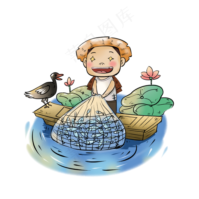 处暑打鱼捕鱼丰收季节插图(2000X2000(DPI:300))psd模版下载