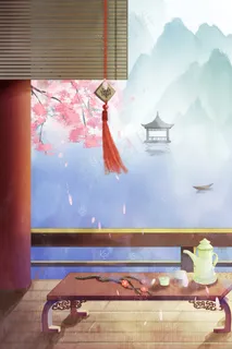 中国风场景古风廊桥红柱珠帘品茶山水风景 中国风场景古风廊桥红柱珠帘品茶山水风景
