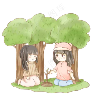 两个女孩栽种小树苗