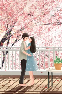 情人节情侣樱花浪漫粉色治愈系手绘竖图 情人节情侣樱花浪漫粉色治愈系手绘竖图