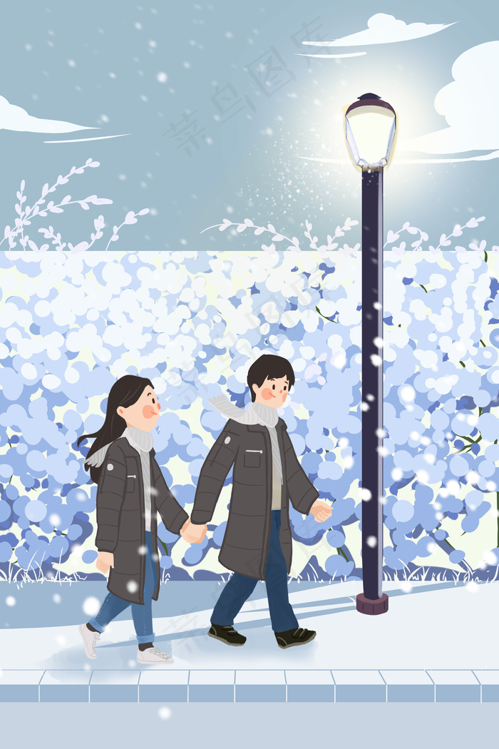冬天雪小寒情侣散步