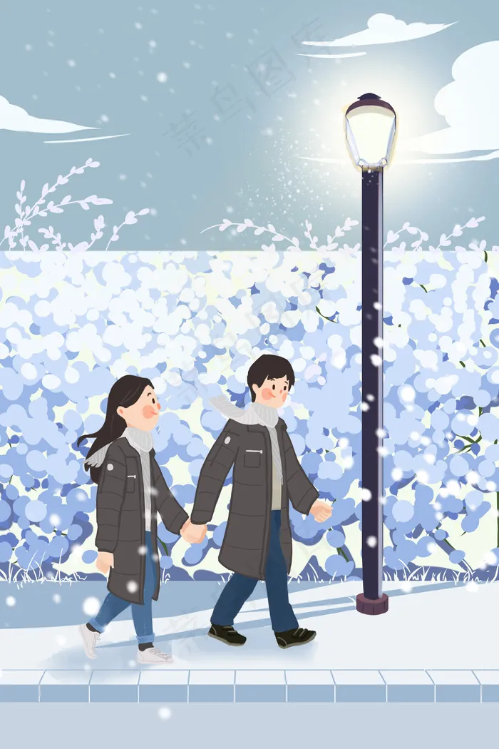冬天雪小寒情侣散步