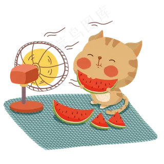 卡通夏天猫咪吃西瓜场景