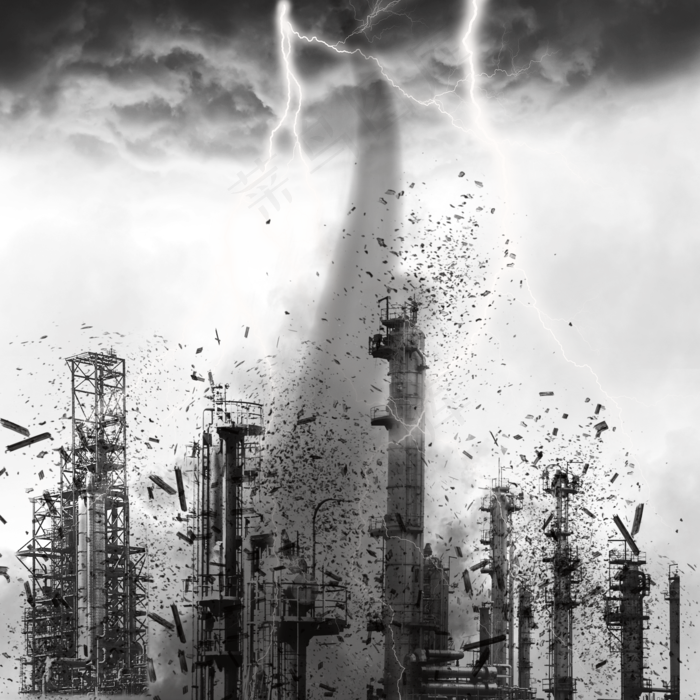 楼房倒塌乌云闪电地震灾难元素,免抠元素