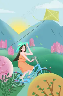 51劳动节旅游旅行风景少女骑车卡通插画