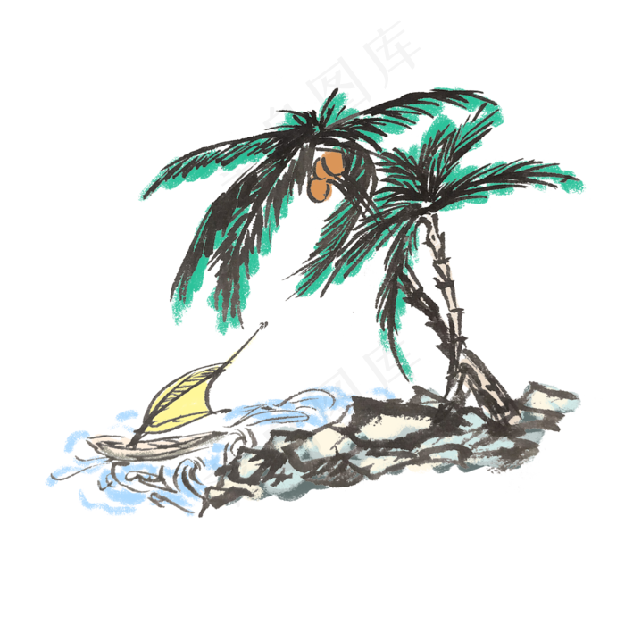 夏天椰树海滩椰子手绘